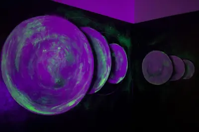 a group of purple plates on a wall at Artful Retreat - King Bed, Work Desk, WIFI, Unique Murals, Perfect for Business Travelers, Downtown & Near Universal Studios in Burbank