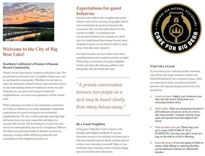 a page of a brochure for the city of big bear label at Pine Cone Cottage by Big Bear Vacations Adorable Walk To Lake Furnished Chalet in Big Bear Lake