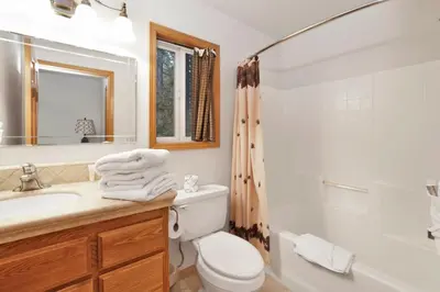 a bathroom with a toilet and a sink and a shower at Fawnskin Log Cabin- Luxurious Group Log Cabin Estate- Hot Tub- Walk to Lake in Fawnskin