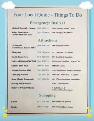 a menu for your local guide things to do at Cozy And Comfortable #202 Room in Corona