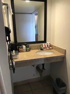 a bathroom with a sink with a large mirror at Ramada by Wyndham Torrance in Torrance