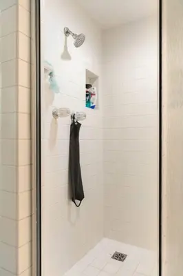a bathroom with a shower with a black towel at 30 PCT OFF! Malibu Villa, Ocean View, Beach, Hiking in Malibu
