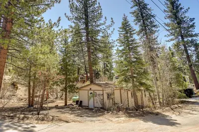 a small shack in the woods with trees at Less Than 1 Mi to Big Bear Lake Fawnskin Cottage with Grill in Fawnskin