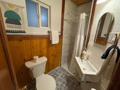a bathroom with a toilet and a sink at Three Pines Cabins in Big Bear Lake