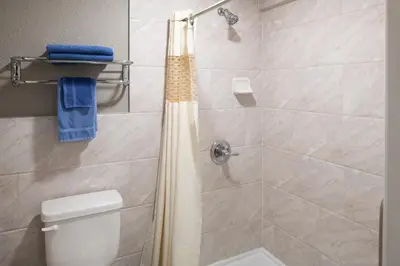 a bathroom with a shower with a toilet at Starlite Motel in San Bernardino