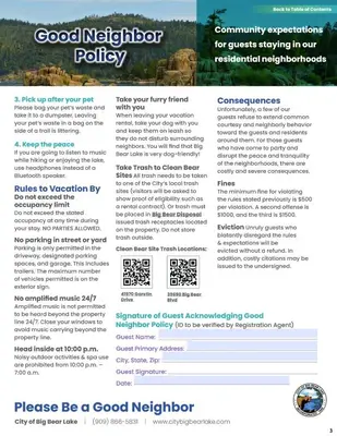a screenshot of a page of a good neighbor policy brochure at Boulder Bay Chalet Lakefront - Elegantly decorated with Hot Tub and Game Room! in Big Bear Lake