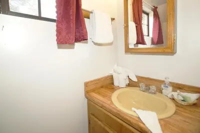a bathroom with a sink and a mirror at Canyon Cabin - A quaint cabin in a peaceful location yet close to Big Bear's attractions! in Fawnskin