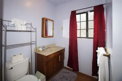 a bathroom with a toilet and a sink and a window at Canyon Cabin - A quaint cabin in a peaceful location yet close to Big Bear's attractions! in Fawnskin