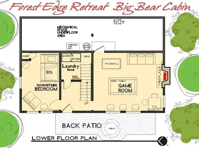 a floor plan of a first ever retreat by bear cabin at Forest Edge Retreat - Cozy, log cabin with a wood burning fireplace! Pool Table, Foosball and Darts! in Big Bear City