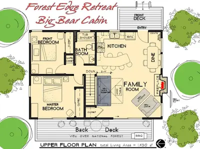 a floor plan of a first flag retreat big bear cabin at Forest Edge Retreat - Cozy, log cabin with a wood burning fireplace! Pool Table, Foosball and Darts! in Big Bear City