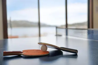 two tennis rackets sitting on a table with a ball at Hakuna Matata Lakefront - LAKEFRONT, PRIVATE DOCK, AND GAME ROOM! in Big Bear Lake