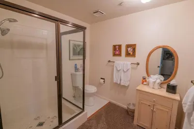 a bathroom with a shower and a toilet and a sink at Lakefront Viking Oasis - Beautiful Viking Estates condo complex on the lake! in Big Bear Lake