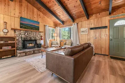 a living room with a couch and a fireplace at The Oasis Chalet - Walking distance to The Village, The Lake, and Alpine Slide! in Big Bear Lake