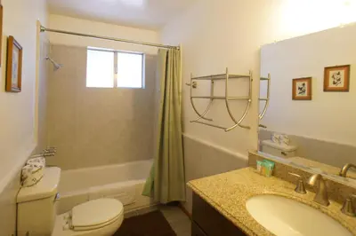 a bathroom with a toilet and a sink and a shower at Snowridge - Charming classic cabin with a wood burning fireplace and WiFI! in Big Bear City