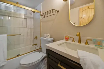 a bathroom with a toilet and a sink and a mirror at Bare Necessities - Comes with a hot tub and a pool table in Big Bear Lake