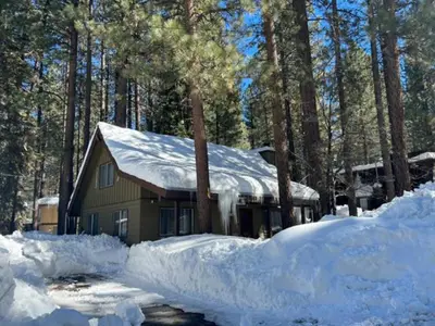 a house covered in snow in the woods at Bear Crossing - Walk to Snow Summit! Visit this charming mountain home compete with foosball table in Big Bear Lake