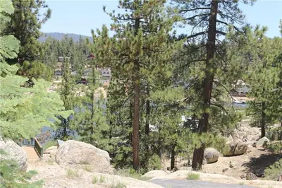 a group of trees and rocks on a mountain at Boulder Bear - Modern mountain home in a desirable area of Big Bear with peek-a-boo lake views in Big Bear Lake