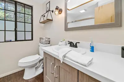 a bathroom with a toilet and a sink and a mirror at Hidden Spot - Desirable Fox Farm area of Big Bear in Big Bear Lake
