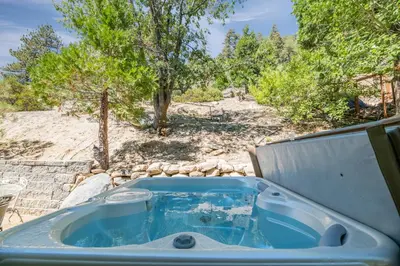 a blue tub with a tree in the background at Moonlight Shores Lakefront - Lakefront home with hot tub! in Fawnskin