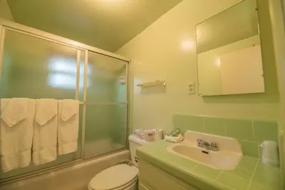 a bathroom with a toilet and a sink and a shower at Rustic Pine - Rustic true log cabin with plenty of charm, Close to everything! in Big Bear Lake