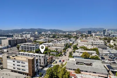 an aerial view of a city with a white dot at Modern Hollywood Charm in Los Angeles