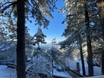a view from the forest in the snow at The Inspo Cabin with Stunning View in Running Springs