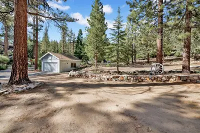 a house in the woods with a tree at Pinglewood Cabin- Furnished Fawnskin Group Retreat in Fawnskin