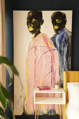 a painting of two men wearing gas masks at Lux Oasis in West Hollywood, Free Parking & Swimming pool in Los Angeles