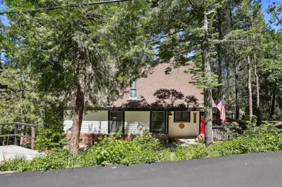 a house in the woods with a tree at Twin Peaks Vacation Rental with Hot Tub! in Twin Peaks