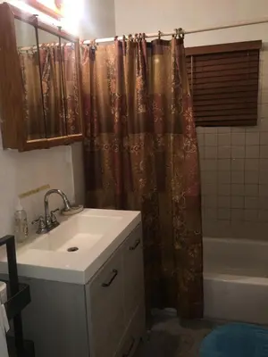 a bathroom with a sink and a shower curtain at House Rooms & RV Rooms Near LAX in Los Angeles