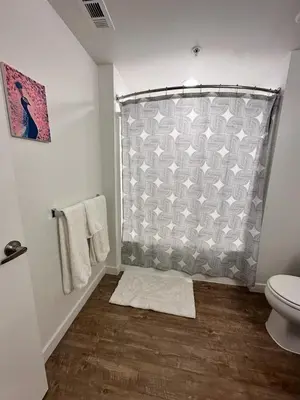a bathroom with a shower curtain and a toilet at Studios Universal 10 min drive FREE parking and WIFI in Los Angeles