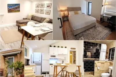a collage of photos of a bedroom and a living room at Monthly - Cozy 1 Bed Guest Suite near Venice Beach in Los Angeles