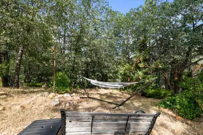 a hammock in a park with a bench at Clerestory Cottage - The perfect cozy getaway with a hot tub in Big Bear Lake