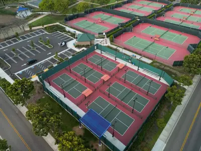 an overhead view of a building with tennis courts at Muirfield Chic City Bungalow with Parking 1,2,3 in Los Angeles