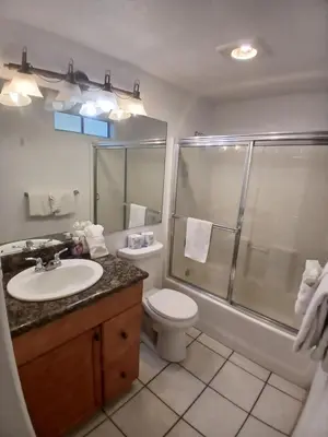 a bathroom with a toilet and a shower and a sink at Lakefront Escape in Big Bear Lake