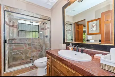 a bathroom with a sink and a shower and a toilet at Arrowhead Lake Cabin pool table stunning views in Lake Arrowhead