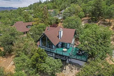 an overhead view of a house with a roof at Jackalope Lodge in Lake Arrowhead