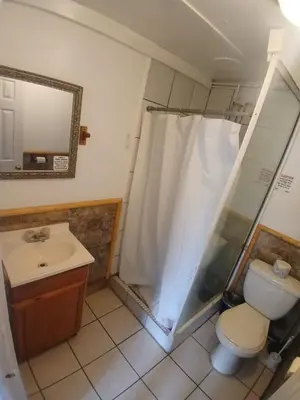 a bathroom with a toilet and a sink and a shower at The Village Cabins in Big Bear Lake