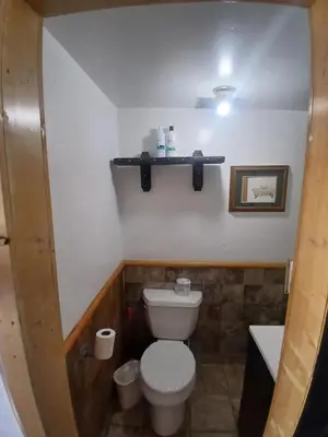 a small bathroom with a toilet and a sink at The Village Cabins in Big Bear Lake