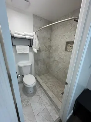 a bathroom with a white toilet and a shower at Deep Creek in Arrowbear Lake