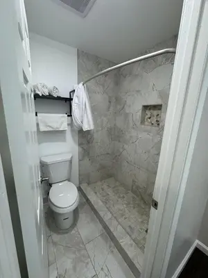 a bathroom with a toilet and a walk in shower at Deep Creek in Arrowbear Lake