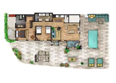 a floor plan of a house at Resort Feel I Breathtaking Mountain Scenery I Pool in Malibu