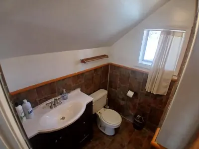 a bathroom with a sink and a toilet and a window at Boulder Bay Cottages in Big Bear Lake