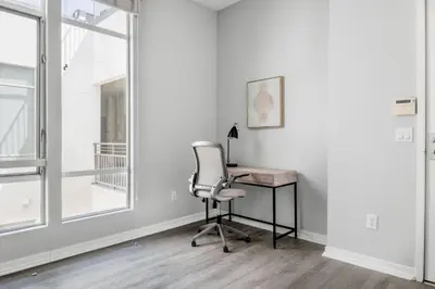 a white office with a chair and a desk at Marina Del Rey 1br w lounge gym spa nr marina LAX-1074 in Los Angeles