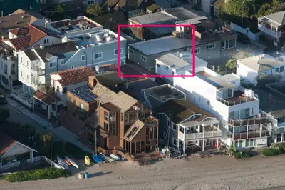 an aerial view of a house with a red rectangle at Peninsula Hideaway Apartment • Alamitos Bay in Long Beach