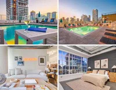 a collage of photos of a apartment with a pool at Sunny & Spacious 2BDR & 1BTH in Downtown LA in Los Angeles