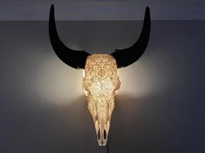 an animal skull with horns hanging on a wall at Chic Venice Beach Bungalow Steps from the Canals & Beach in Los Angeles