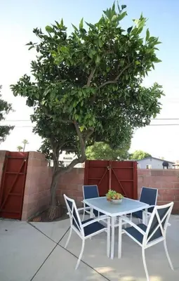 a table and two chairs and a tree on a patio at Disneyland close FAMILY home! in Fullerton