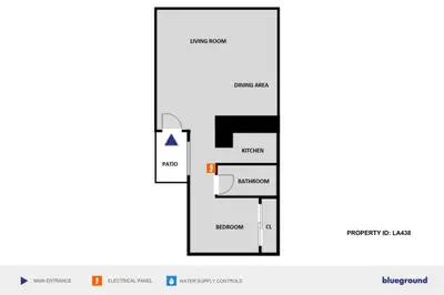 a plan of a room with an open door at Redondo Beach 1BR w Pool Gym 1 block from beach LAX-438 in Redondo Beach