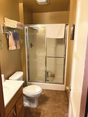 a bathroom with a shower and a toilet and a sink at Creek Runner's Lodge in Big Bear Lake